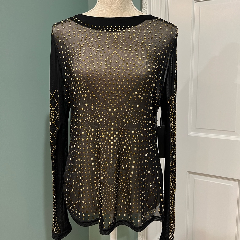 Venus black sheer top with gold beads and rhinestones. Size L